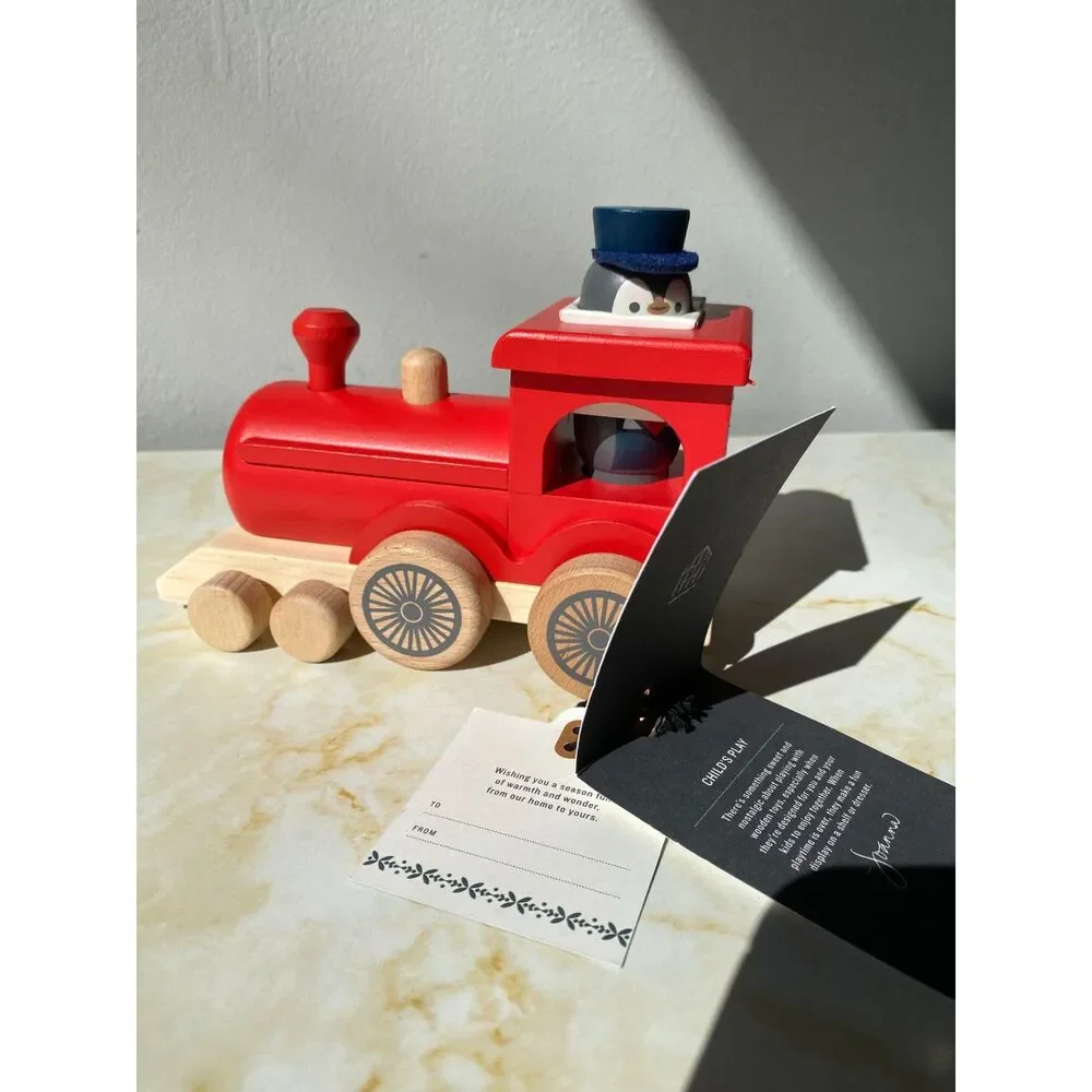 NWT Red Wooden Train And Penguin Conductor Hearth and Hand with Magnolia NWT